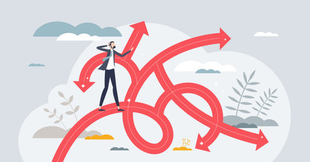 Choice fatigue as frustration about many possible options tiny person concept. Hard choice and complex decision making vector illustration. Confusion about possible doubt and business management.のイラスト素材