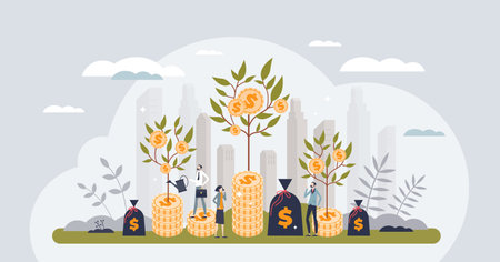 Investment growth garden with green business money and profit tiny person concept. Growing plant from coin stack as financial development and steady sustainable incomes vector illustration.のイラスト素材
