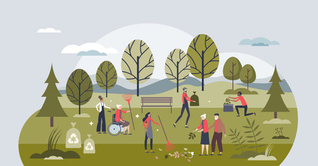 Eco volunteer movement and garbage picking to save nature tiny person concept. Environmental trend to clean forests from litter, trash and rubbish vector illustration. Ecological pollution awareness.のイラスト素材