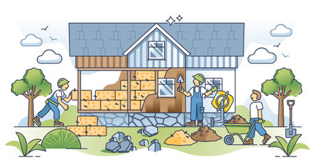 Natural building techniques to build sustainable house outline concept. Construction site with green and nature friendly materials for insulation and facade vector illustration. Ecological home wall.のイラスト素材