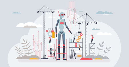 Future of robotics and modern technological development tiny person concept. Futuristic electronics industry with artificial intelligence, automation and smart things tech usage vector illustration.のイラスト素材