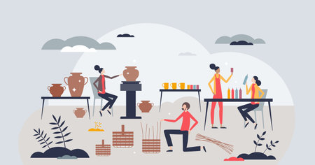 Artisanal or craft skills for hand made hobby ceramics tiny person concept. Workshop with art creating and clay pottery vector illustration. Handmade molding as artistry process in studio masterclassのイラスト素材