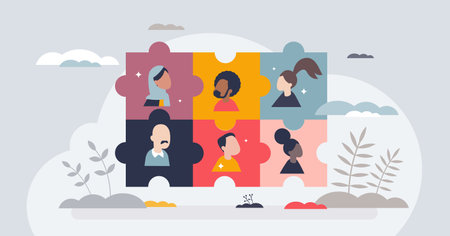 Diversity in hiring and various social groups inclusion tiny person concept. Professional business with connected multicultural colleagues vector illustration. Fair workplace labor integration.のイラスト素材
