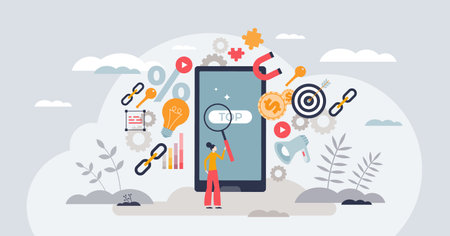 SEO and mobile optimization for marketing efficiency tiny person concept. Business page search engine analytics with top keywords and sales data research vector illustration. Ads performance boost.のイラスト素材