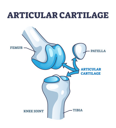 Articular cartilage structure and location in knee joint outline diagram. Labeled educational scheme with femur, tibia and patella parts vector illustration. Healthy leg skeleton movement explanationのイラスト素材