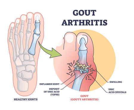 Gouty arthritis with inflamed toe joint painful condition outline diagram. Labeled educational scheme with medical disease and foot swelling from uric acid crystals deposition vector illustration.のイラスト素材
