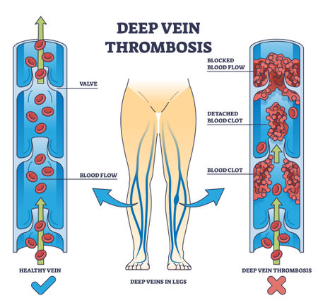 Deep vein thrombosis condition with blood clot blockage outline diagram. Labeled educational comparison with healthy vein and dangerous flow vector illustration. Cardiovascular disease explanation.のイラスト素材