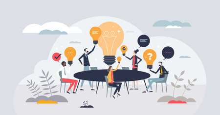 Creative brainstorming and innovative idea meeting tiny person concept. Business collaboration with new vision and successful breakthrough for company vector illustration. Inspiration partnership.のイラスト素材