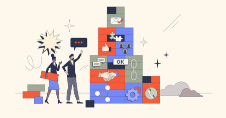 Building blocks of effective communication in business retro tiny person concept. Professional marketing strategy and company interaction with customers for engagement efficiency vector illustration.のイラスト素材