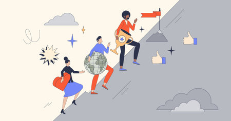 Life ambitions, relationship and work balance for gen Z retro tiny person concept. Life harmony with happiness objectives and career goals vector illustration. Choice between love, travel or businessのイラスト素材