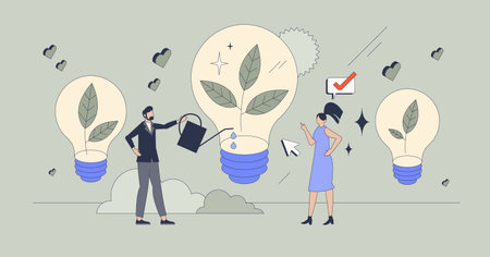 Sustainable innovation or ecological business retro tiny person concept. Green, sustainable and nature friendly company development with innovative investment vector illustration. Growth or progress.のイラスト素材