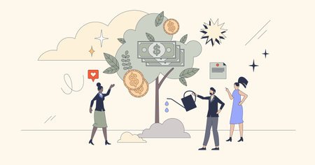 Growth and success as financial money tree retro tiny person concept. Steady business development with strong and effective leadership vector illustration. Team income after successful sales.のイラスト素材