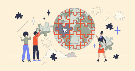 Teamwork in sustainability and green future together retro tiny person concept. Social work or nature friendly community with strong partnership and collaboration for clean planet vector illustrationのイラスト素材