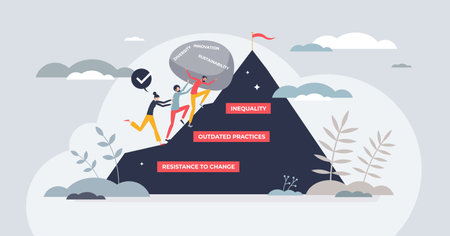 Driving change in workplace with Gen Z as main force tiny person concept. Innovation, sustainability and diversity resistance from company outdated practices and inequality vector illustration.のイラスト素材