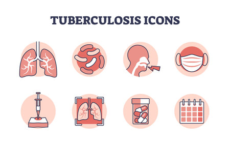 Tuberculosis icons with simple TB lung bacterial infection outline elements. Respiratory condition and lung disease checkup, inflammation diagnosis, treatment, and medical care vector illustration.のイラスト素材