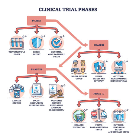 Clinical trial phases with medicine and vaccines testing outline diagram. Labeled educational scheme with new drugs study and research process vector illustration. Health care and illness prevention.のイラスト素材