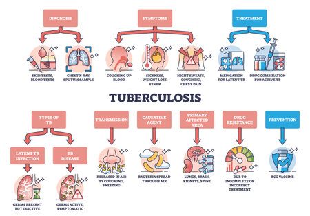 Key aspects of tuberculosis or TB respiratory lung disease outline diagram. Labeled educational bacterial illness description with diagnosis, symptoms, treatment and explanation vector illustration.のイラスト素材