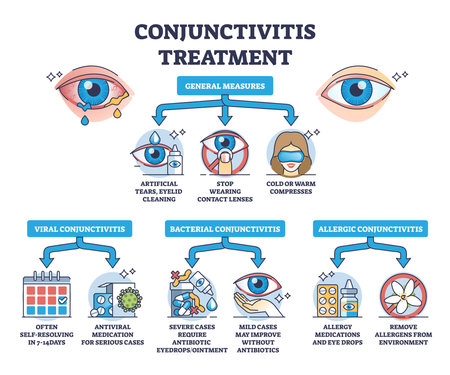 Conjunctivitis treatment with medicines and medical help outline diagram. Labeled educational scheme with simple care recommendations for viral, bacterial and allergic infection vector illustration.のイラスト素材