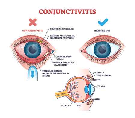 Conjunctivitis pink eye medical condition explanation outline diagram. Labeled educational scheme with healthy lens comparison with virus or bacterial infection and inflammation vector illustration.のイラスト素材