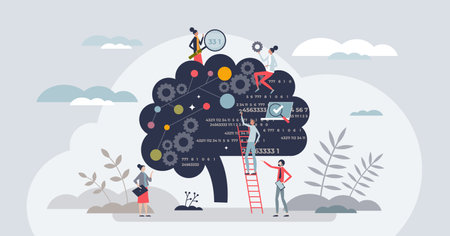 Pattern recognition for precise data algorithm analytics tiny person concept. Analyze artificial intelligence behavior and learning digital technology connections vector illustration. AI functions.のイラスト素材