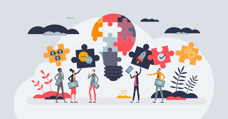 Collaborative brainstorming tools for new creative ideas tiny person concept. Teamwork communication as effective management vector illustration. Business innovations with cooperation and partnershipのイラスト素材