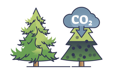Clipart illustration, the process of carbon sequestration, with trees actively absorbing carbon dioxide molecules from the atmosphere, symbolizing the natural method of reducing carbon footprint.のイラスト素材