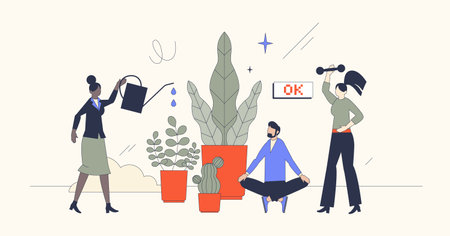 Employee wellness programs for mental wellbeing retro tiny person concept. Workplace satisfaction for work stress reduction or healthy balance vector illustration. Human resources engagement and careのイラスト素材
