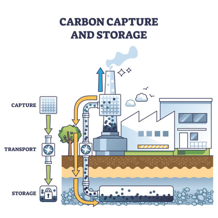 Carbon capture and CO2 greenhouse gases storage underground outline diagram. Labeled educational scheme with emissions reduction and catching exhaust vector illustration. Sustainable decarbonisation.のイラスト素材