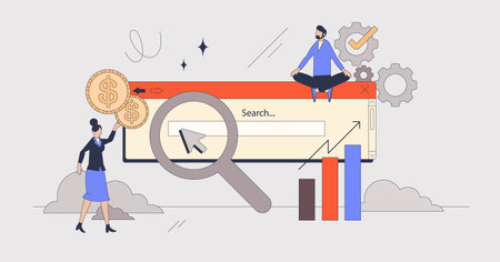 Search engine marketing or SEM strategy in neubrutalism tiny person concept. Results optimization and effective keywording vector illustration. Online internet ranking analysis for business homepageのイラスト素材