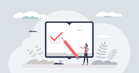 Bullet journaling for effective work time organization tiny person concept. Business schedule or personal tasks management vector illustration. Simple check mark on diary about accomplished jobs.のイラスト素材