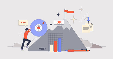 Workplace motivation and successful progress neubrutalism tiny person concept. Career development and growth with inspiration, empowerment and determination vector illustration. Performance award.のイラスト素材