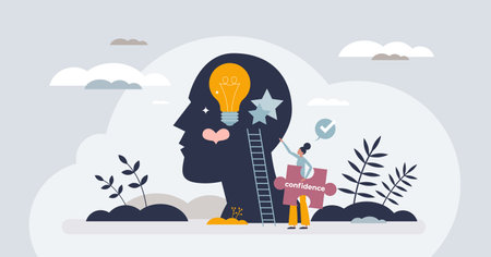 Self confidence and healthy female acceptance mindset tiny person concept. Woman identity with courage, empowerment, personal growth and strong inner personality characteristics vector illustration.のイラスト素材