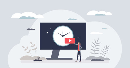 Time tracking software for effective and productive work tiny person concept. Task monitoring and organization with efficiency or productivity management and daily website limits vector illustration.のイラスト素材