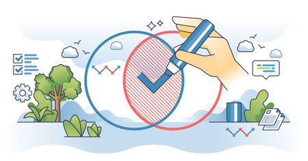 Correlation analysis or bivariate statistics calculation outline hands concept. Mathematical market research technique and method finding out whether a relationship exists between variables.のイラスト素材