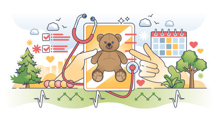 Pediatric EMR or electric medical records database outline hands concept. Digital healthcare management system for children hospital or clinic vector illustration. Diagnosis and treatment data card.のイラスト素材