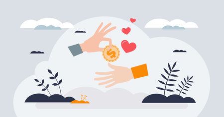 Charity and donation as financial support to poor tiny person hands concept. Money assistance as economical humanitarian help from philanthropy community vector illustration. Social solidarity.のイラスト素材