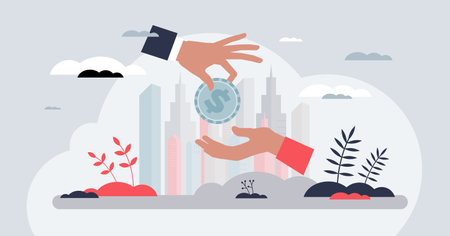 Corporate responsibility and business money charity tiny person concept. Financial support from businessman as solidarity gesture to society vector illustration. Philanthropy and fundraiser project.のイラスト素材