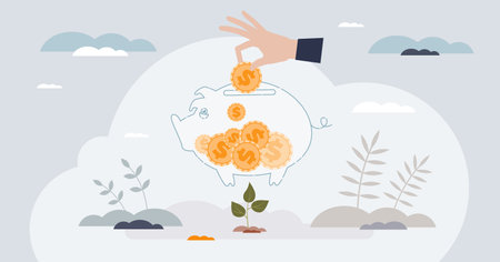 Nonprofit fundraising as financial support donation tiny person hands concept. Saving money in piggy bank for humanitarian campaign as gift for poor social group vector illustration. Contribution aidのイラスト素材