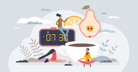Morning routines as activities after waking up from sleep tiny person concept. Alarm clock, healthy breakfast, coffee drinking and morning yoga ritual for body and mind wellness vector illustration.のイラスト素材