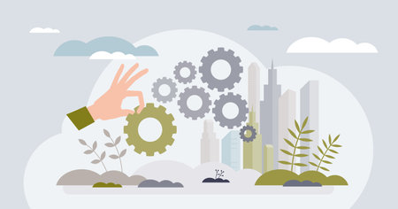 Sustainable urban community with green lifestyle tiny person hands concept. Effective city infrastructure planning with smart energy usage and ecological real estate projects vector illustration.のイラスト素材