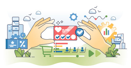 Customer loyalty programs and shopping discount cards outline hands concept. Satisfaction from clients from bonus and reward prizes vector illustration. Coupon and award earning strategy for loyalty.のイラスト素材