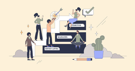 Career ladder and personal job development tiny person neubrutalism concept. Successful growth from entry level to manager and director vector illustration. Determination and ambition staircase.のイラスト素材