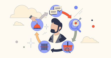Customer lifecycle and purchase behavior tiny person neubrutalism concept. Consumer marketing cycle monitoring with purchase process research, product strategy and selling points vector illustration.のイラスト素材