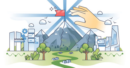 Objective achievement and successful goal reach outline hands concept. Aiming on top of mountain as personal or business ambitions and motivation vector illustration. Opportunity and target reaching.のイラスト素材