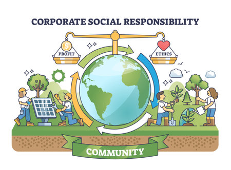 Corporate social responsibility or CSR business projects outline diagram. Labeled ethics vs profit scales as sustainable and environmental strategy for company vector illustration. Nature protection.のイラスト素材