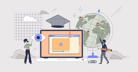 Online courses and international study tiny person neubrutalism concept. Travel for academic knowledge and graduation abroad vector illustration. E-learning platform using internet resources.のイラスト素材
