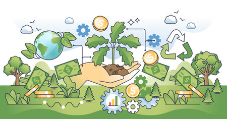 Sustainable investment with green money profits outline hands concept. Ecological business growth with environmental responsible practices vector illustration. Eco friendly and clean future.のイラスト素材