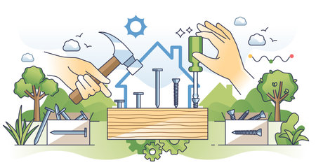 Handyman profession with carpenter work skills outline hands concept. Professional repairman for real estate construction, maintenance, fix or renovation vector illustration. Wooden nails or screws.のイラスト素材