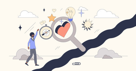 Finding a life coach for personal mentoring tiny person neubrutalism concept. Work and relationship balance advices for self care and wellness vector illustration. Mentor support with life guidance.のイラスト素材