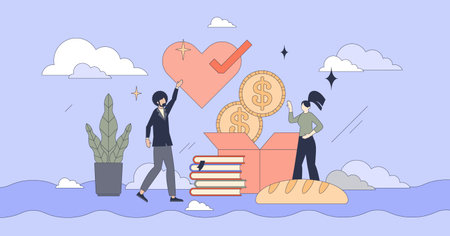 Volunteering campaign with volunteer team tiny person neubrutalism concept. Charity work with food, money and education material donation vector illustration. Humanitarian aid to give hope for poor.のイラスト素材